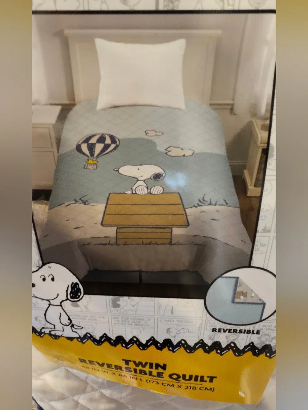 Peanuts Snoopy And Woodstock Twin Reversible Quilt - Blue and Cream
